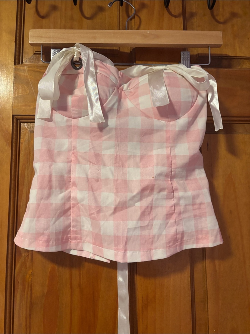 Pink and White Gingham Strapless Bustier Top